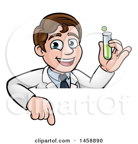 Clipart of a Cartoon Young Male Scientist Pointing down and Holding a Test Tube over a Sign - Royalty Free Vector Illustration by AtStockIllustration