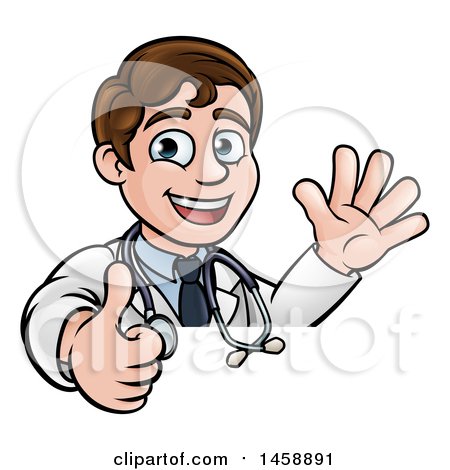 Clipart of a Cartoon Young Male Veterinarian or Doctor Waving and Giving a Thumb up over a Sign - Royalty Free Vector Illustration by AtStockIllustration