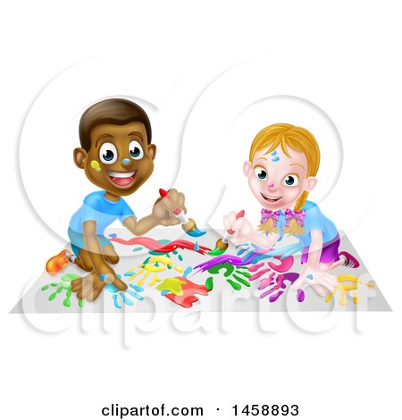 Clipart of a Cartoon Happy White Girl and Black Boy Kneeling and Painting Artwork - Royalty Free Vector Illustration by AtStockIllustration