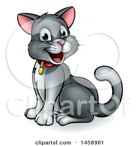 Clipart of a Cartoon Happy Sitting Gray and White Kitty Cat - Royalty Free Vector Illustration by AtStockIllustration
