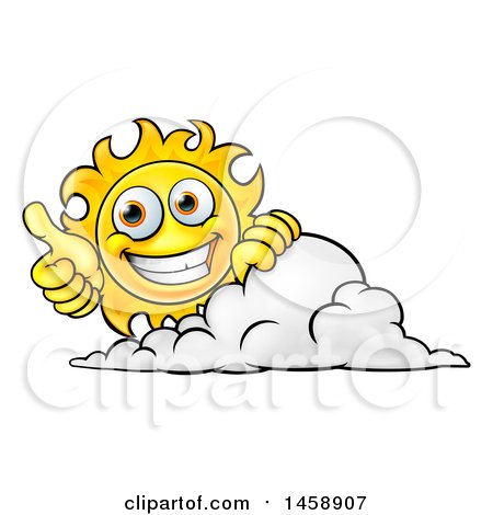 Clipart of a Cartoon Happy Sun Character Holding a Thumb up over a Cloud - Royalty Free Vector Illustration by AtStockIllustration