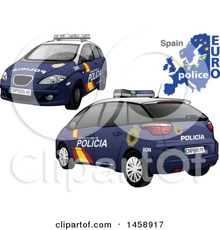 Clipart of a Spanish Police Car with a Map and Euro Police Text - Royalty Free Vector Illustration by dero