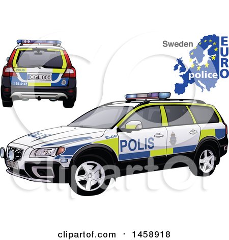 Clipart of a Swedish Police Car with a Map and Euro Police Text - Royalty Free Vector Illustration by dero