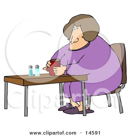 Tired Woman In Purple Pajamas And Slippers, Sitting At A Table And Drinking Coffee While Zoning Out In The Morning Clipart Illustration by djart