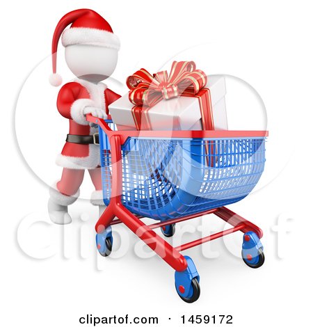 Clipart of a 3d White Man Santa Pushing a Gift in a Shopping Cart, on a White Background - Royalty Free Illustration by Texelart