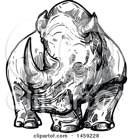 Clipart of a Sketched Rhino in Black and White - Royalty Free Vector Illustration by Vector Tradition SM