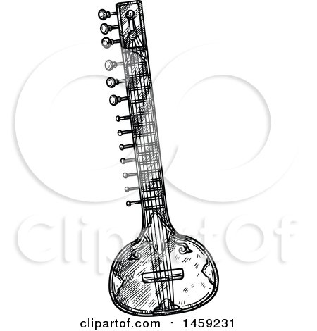 Clipart of a Sketched Sitar Instrument in Black and White - Royalty Free Vector Illustration by Vector Tradition SM