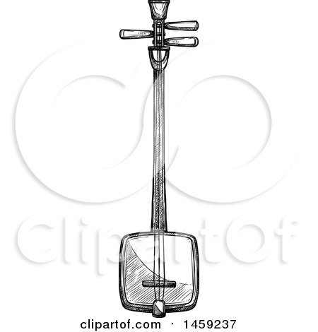 Clipart of a Sketched Shamishen Instrument in Black and White - Royalty Free Vector Illustration by Vector Tradition SM
