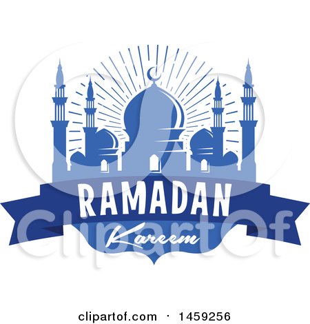 Clipart of a Blue Ramadan Kareem Design with a Mosque and Text - Royalty Free Vector Illustration by Vector Tradition SM