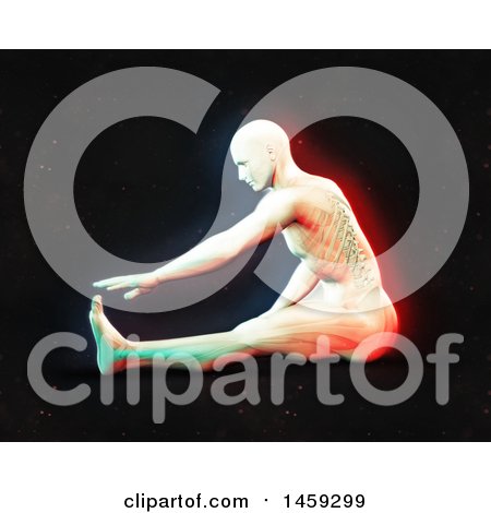 Clipart of a 3d Medical Male Figure Stretching, with Visible Spine and Dual Color Effect over Black - Royalty Free Illustration by KJ Pargeter