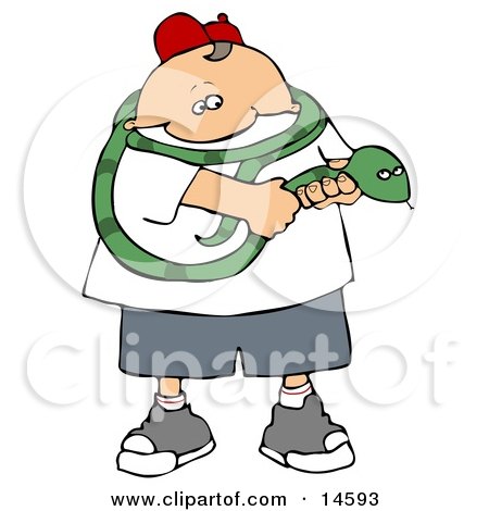 Brave Boy Holding a Long Green Snake That is Coiled Around His Shoulders Clipart Illustration by djart
