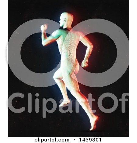 Clipart of a 3d Medical Male Figure Running, with Visible Spine in Dual Color Effect over Black - Royalty Free Illustration by KJ Pargeter