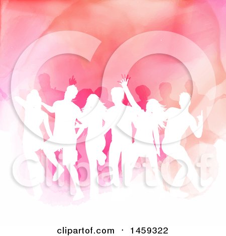 Clipart of a Crowd of Silhouetted Crowd of Dancers Against Watercolor - Royalty Free Vector Illustration by KJ Pargeter