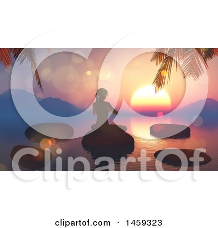 Clipart of a 3d Silhouetted Woman Doing Yoga on Stones on a Lake Against a Sunset - Royalty Free Illustration by KJ Pargeter