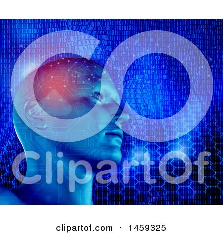 Clipart of a 3d Cyborg Head with Circuitry, over Binary and Honeycombs - Royalty Free Illustration by KJ Pargeter