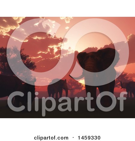 Clipart of a 3d Red Sunset with Elephants and Rhinos - Royalty Free Illustration by KJ Pargeter
