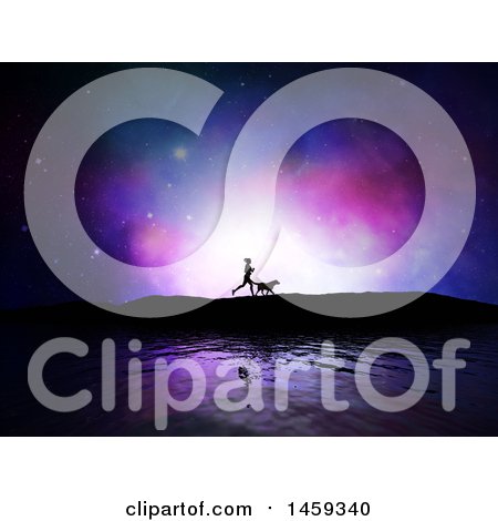Clipart of a Silhouetted Fit Woman Jogging with Her Dog Against a Night Sky - Royalty Free Illustration by KJ Pargeter