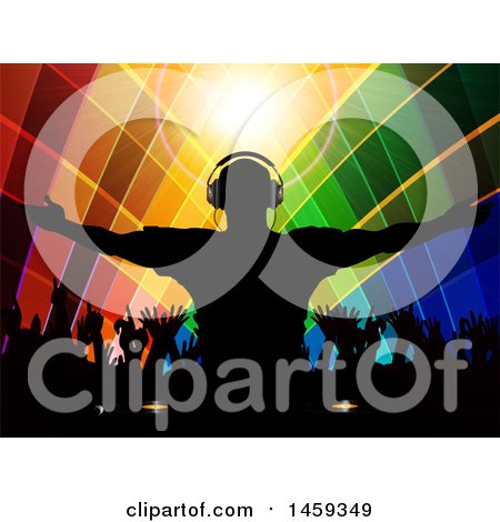 Clipart of a Silhouetted Male Dj Holding His Arms out over a Record Deck and Crowd with Colorful Lines - Royalty Free Vector Illustration by elaineitalia