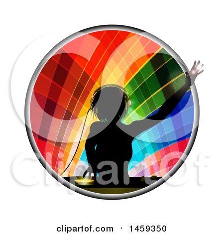 Clipart of a Silhouetted Female Dj over a Record Deck in a Colorful Circle - Royalty Free Vector Illustration by elaineitalia