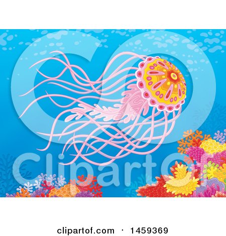 Clipart of a Beautiful Pink Jellyfish over a Coral Reef - Royalty Free Illustration by Alex Bannykh
