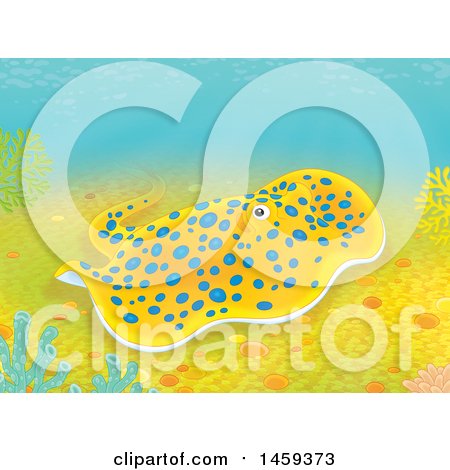 Clipart of a Blue Spotted Sting Ray on a Coral Reef - Royalty Free Illustration by Alex Bannykh