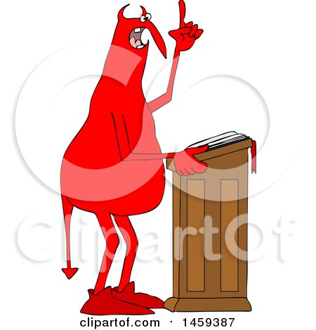 Clipart of a Chubby Red Devil Preaching at the Pulpit - Royalty Free Vector Illustration by djart