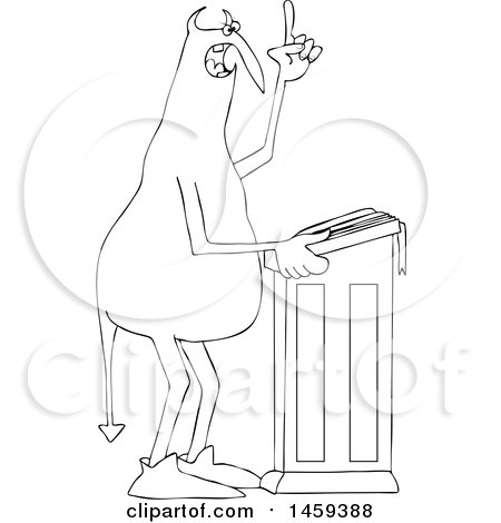 Clipart of a Black and White Chubby Devil Preaching at the Pulpit - Royalty Free Vector Illustration by djart