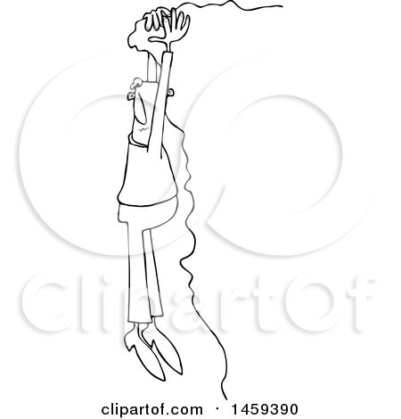 Clipart of a Black and White Man Hanging from a Cliff Edge - Royalty Free Vector Illustration by djart