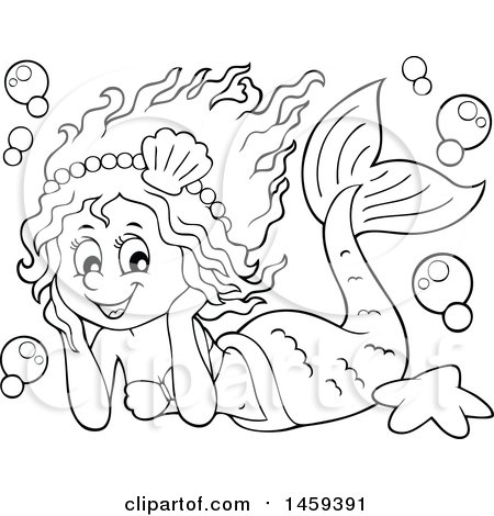Clipart of a Black and White Happy Mermaid Resting Her Head in Her Hands - Royalty Free Vector Illustration by visekart