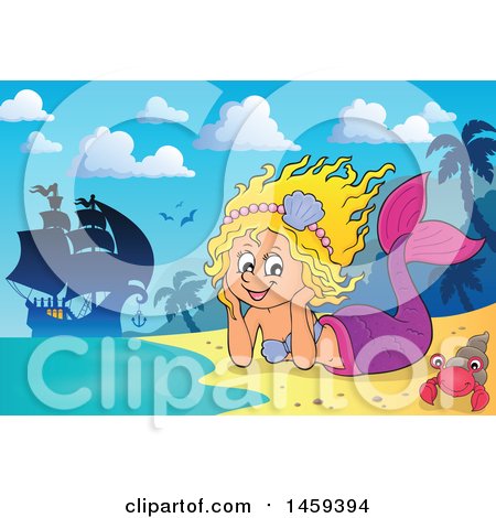 Clipart of a Happy Mermaid Resting Her Head in Her Hands on a Beach with a Ship in the Background - Royalty Free Vector Illustration by visekart