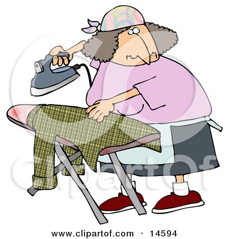Woman Ironing A Shirt On An Ironing Table While Watching TV Clipart Illustration by djart