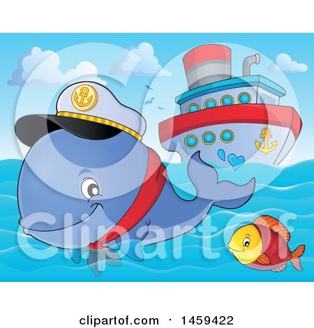 Clipart of a Fish and Captain Whale Splashing Water near a Cruise Ship - Royalty Free Vector Illustration by visekart