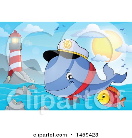 Clipart of a Fish and Captain Whale Splashing Water near a Lighthouse - Royalty Free Vector Illustration by visekart