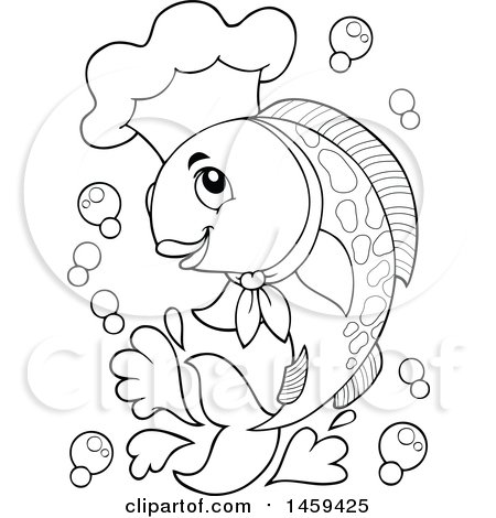 Clipart of a Black and White Chef Fish - Royalty Free Vector Illustration by visekart