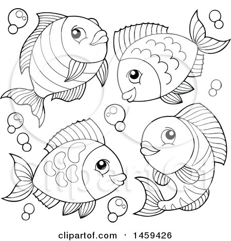 Clipart of Black and White Bubbles and Fish - Royalty Free Vector Illustration by visekart