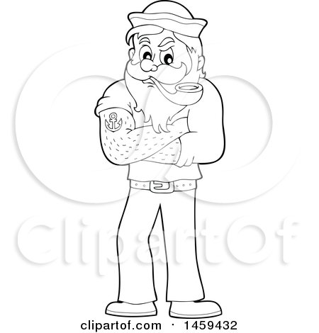 Clipart of a Black and White Male Sailor Smoking a Pipe - Royalty Free Vector Illustration by visekart