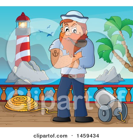Clipart of a Male Sailor Smoking a Pipe on a Ship Deck - Royalty Free Vector Illustration by visekart