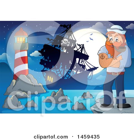 Clipart of a Male Sailor Smoking a Pipe on a Cliff at Night - Royalty Free Vector Illustration by visekart
