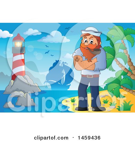 Clipart of a Male Sailor Smoking a Pipe on a Beach - Royalty Free Vector Illustration by visekart