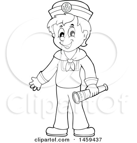 Clipart of a Black and White Sailor Boy Holding a Telescope - Royalty Free Vector Illustration by visekart