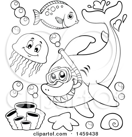 Clipart of a Black and White Shark with Fish - Royalty Free Vector Illustration by visekart