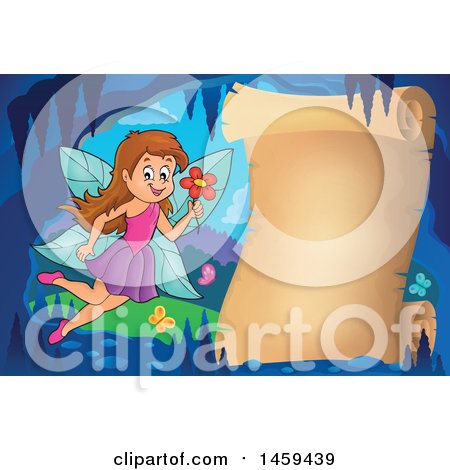 Clipart of a Fairy Girl Holding a Flower in a Cave, Next to a Parchment Scroll - Royalty Free Vector Illustration by visekart