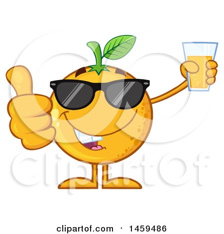 Clipart of a Navel Orange Fruit Mascot Character Wearing Sunglasses, Giving a Thumb up and Holding a Glass of Juice - Royalty Free Vector Illustration by Hit Toon