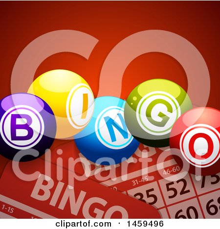 Clipart of 3d Bingo Balls over Cards on Red - Royalty Free Vector Illustration by elaineitalia