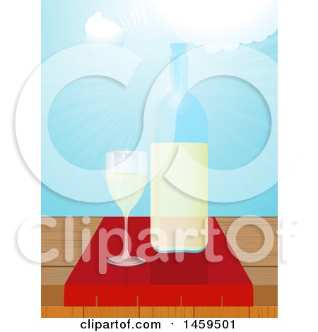 Clipart of a Wine Bottle and Glass on a Table Against a Sunny Blue Sky - Royalty Free Vector Illustration by elaineitalia