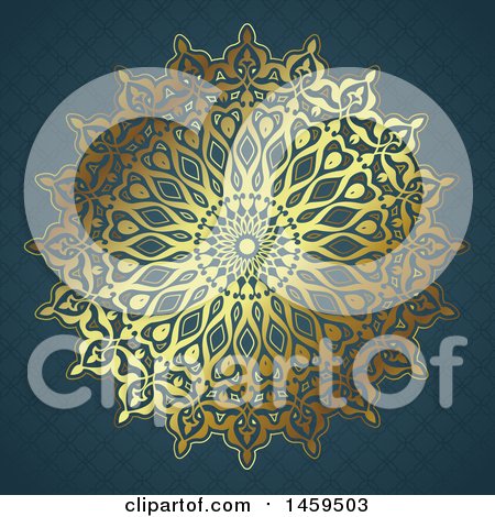 Clipart of a Golden Mandala and Blue Pattern Background - Royalty Free Vector Illustration by KJ Pargeter