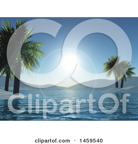 Clipart of a 3d Landscape of a Tropical Bay and Sun Flares - Royalty Free Illustration by KJ Pargeter