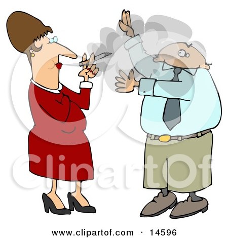 Businessman Lifting His Arms To Shield His Face From A Rude Woman's Secondhand Smoke Who Is Smoking A Cigarette And Blowing It In His Face Clipart Illustration by djart