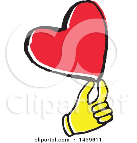 Clipart of a Yellow Pop Art Styled Hand Holding a Love Heart - Royalty Free Vector Illustration by Cherie Reve