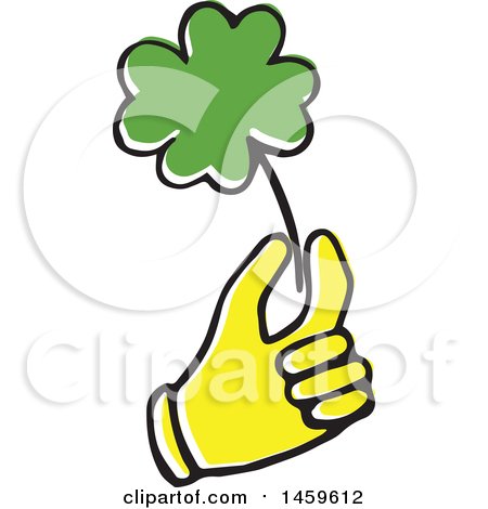 Clipart of a Yellow Pop Art Styled Hand Holding a Four Leaf Clover - Royalty Free Vector Illustration by Cherie Reve